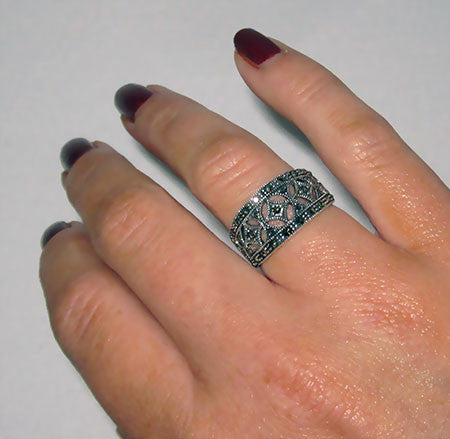 Floral Round Marcasite & Black Enamel Thisstle Band Ring in 925 Sterling  Silver | M.catch.com.au